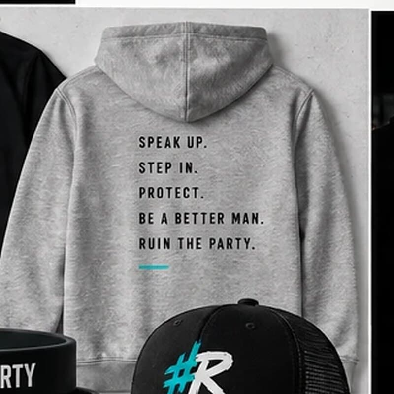 The back of a gray hoodie with the five lines printed down it